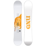 GNU Women's B-Nice Snowboard 2025 - A white snowboard with a yellow and black logo on top of an orange graphic.