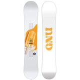 GNU Women's B-Nice Snowboard 2025 - A white snowboard with a yellow and black logo on top of an orange graphic.
