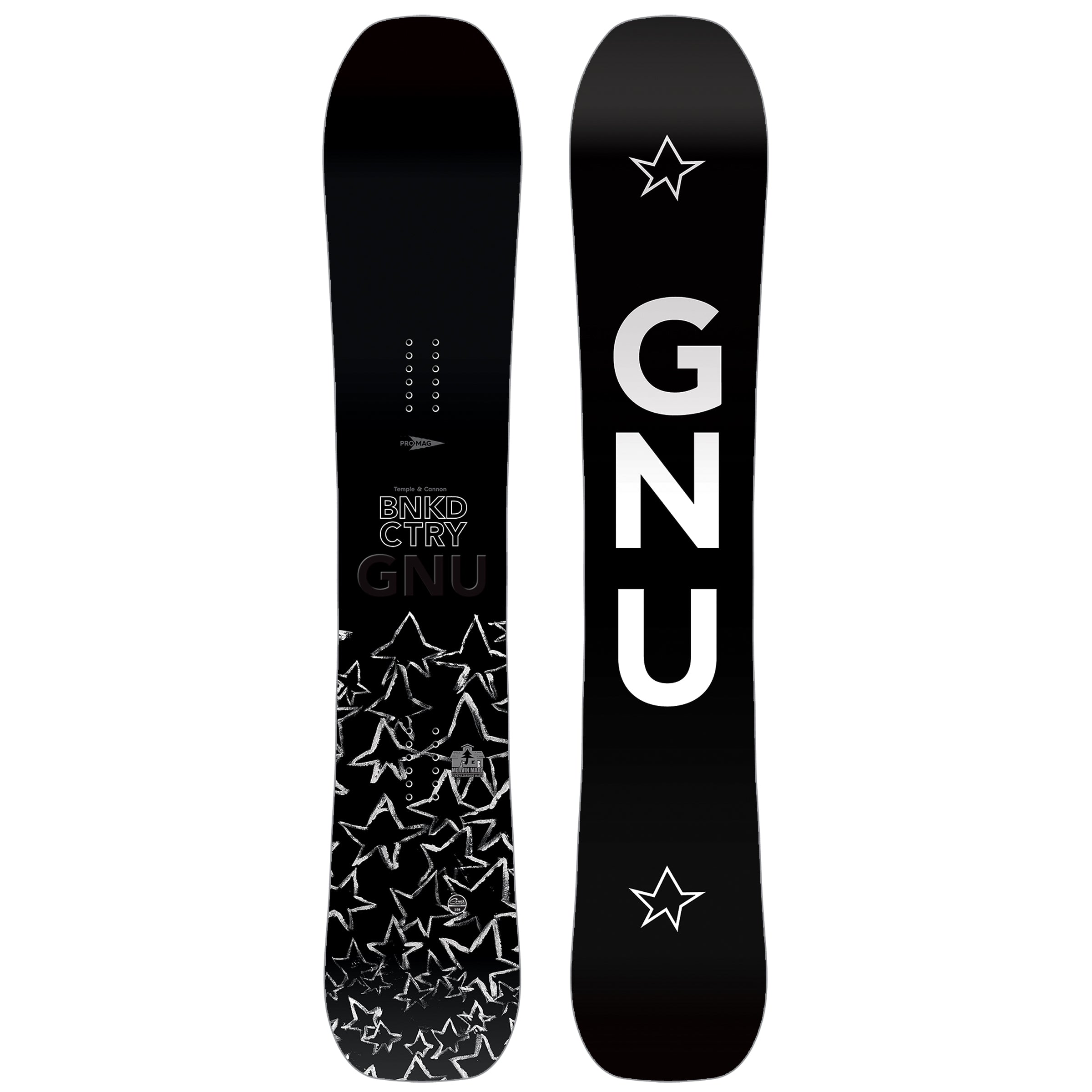 GNU Banked Country Snowboard 2025 - A black snowboard with white stars and a white star logo at the top.