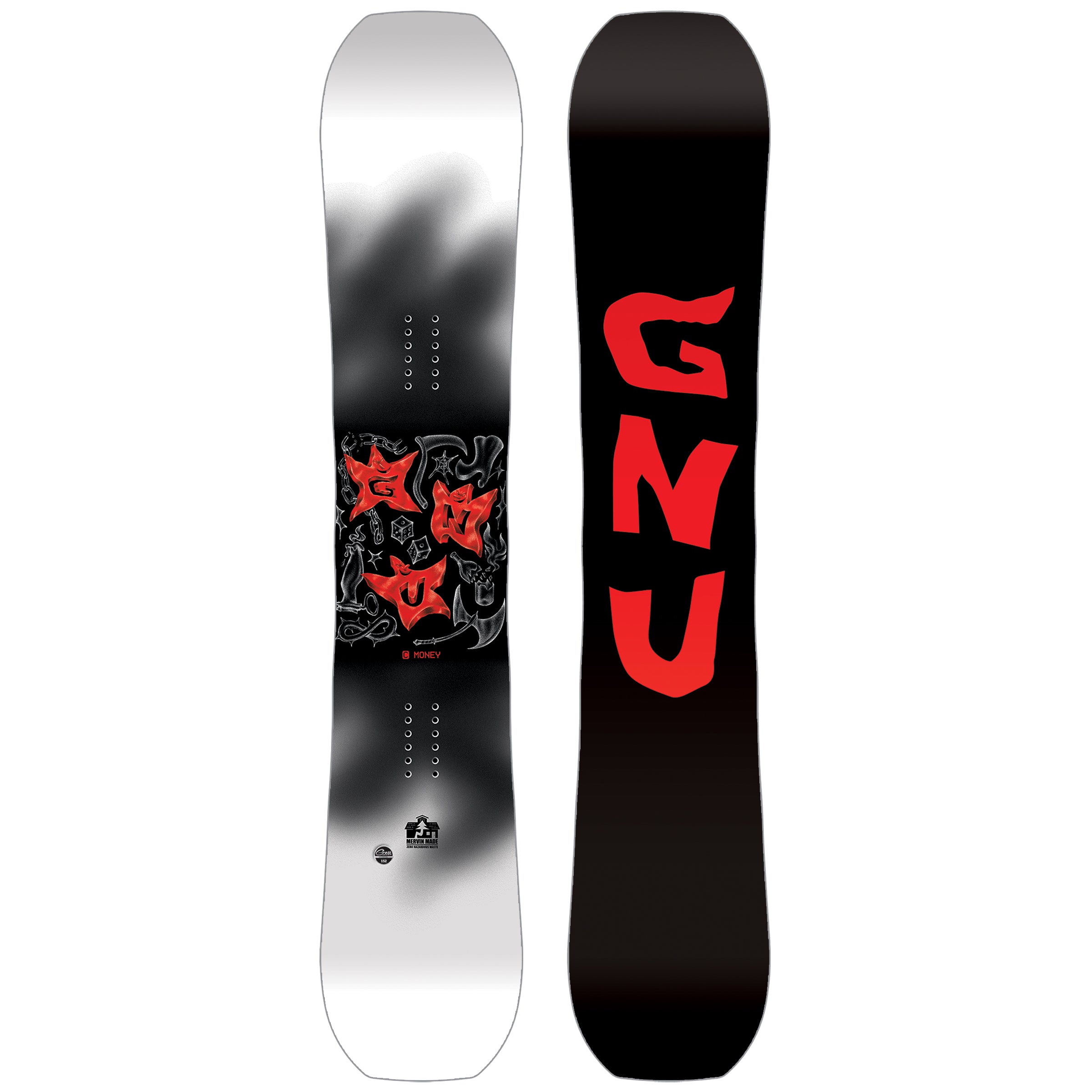 GNU C Money - Black snowboard with red logo featuring three stylized stars, one of which is upside down.