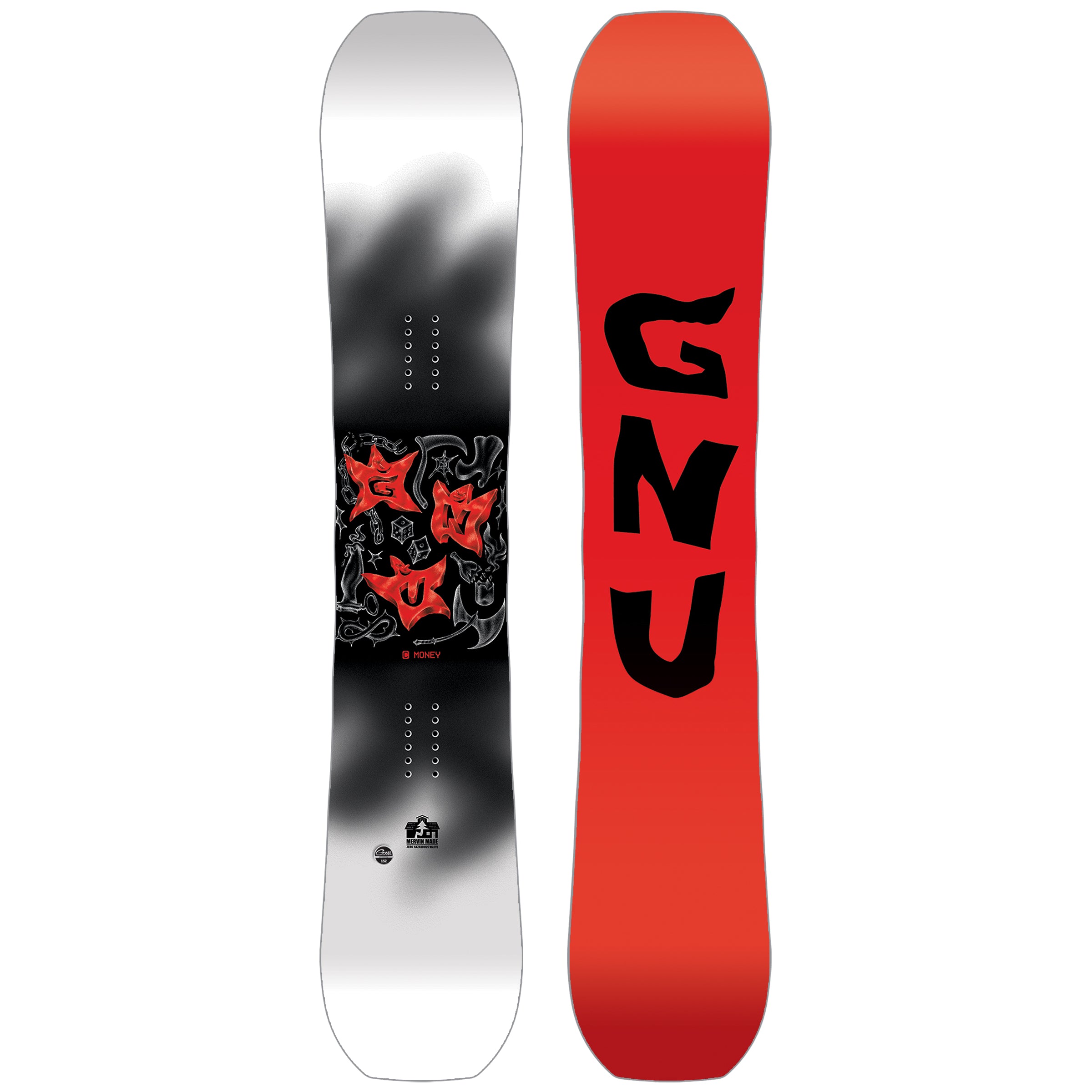 GNU C Money Snowboard 2025 - A black snowboard with a red logo featuring three stars and the letters "C" and "M".