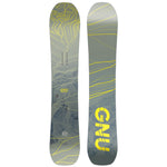 GNU Women's Frosting Snowboard 2025 - A gray snowboard with yellow lines and a mountain graphic on top.