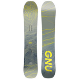 GNU Women's Frosting Snowboard 2025 - A gray snowboard with yellow lines and a mountain graphic on top.