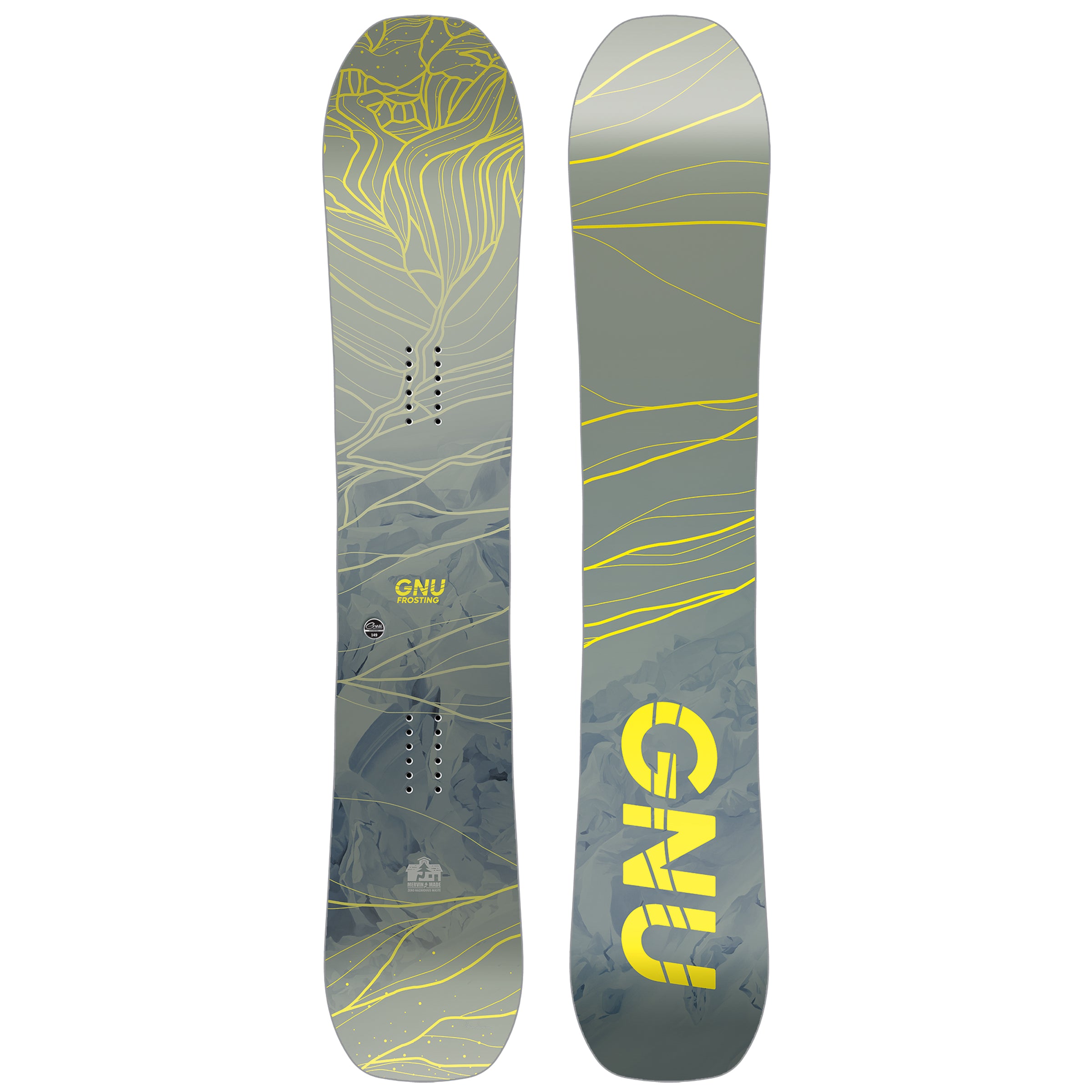 GNU Women's Frosting Snowboard 2025 - A gray snowboard with yellow lines and a mountain graphic on top.