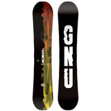 GNU GWO Snowboard 2025 - A black snowboard with a red, orange, and yellow abstract design on top.