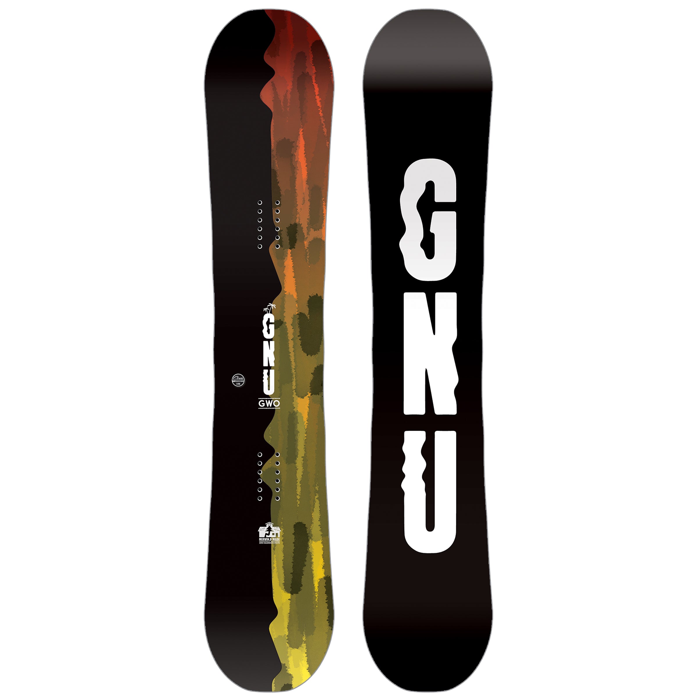 GNU GWO Snowboard 2025 - A black snowboard with a red, orange, and yellow abstract design on top.