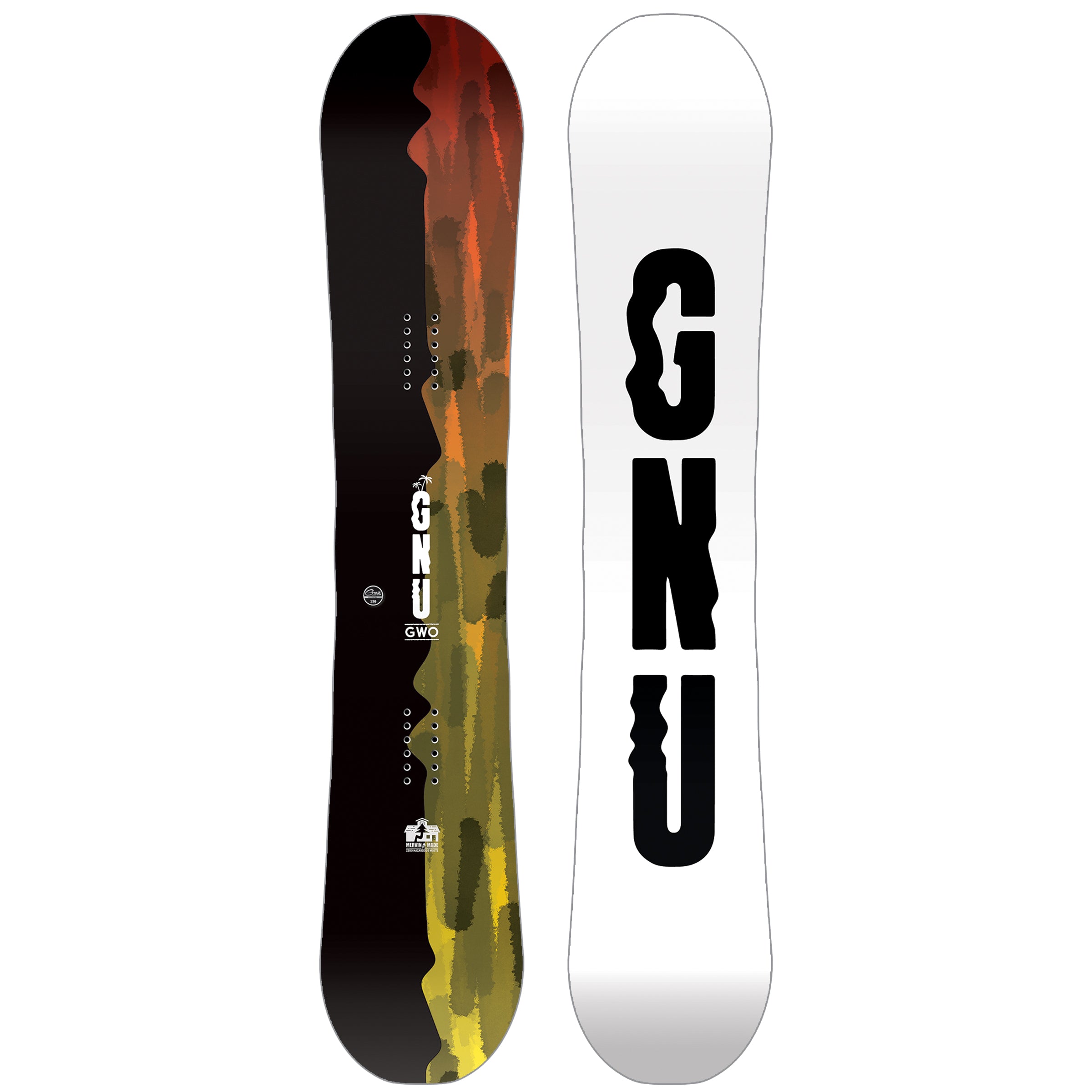 GNU GWO Snowboard 2025 - A black snowboard with a white logo and white lettering on the top and bottom of the board.