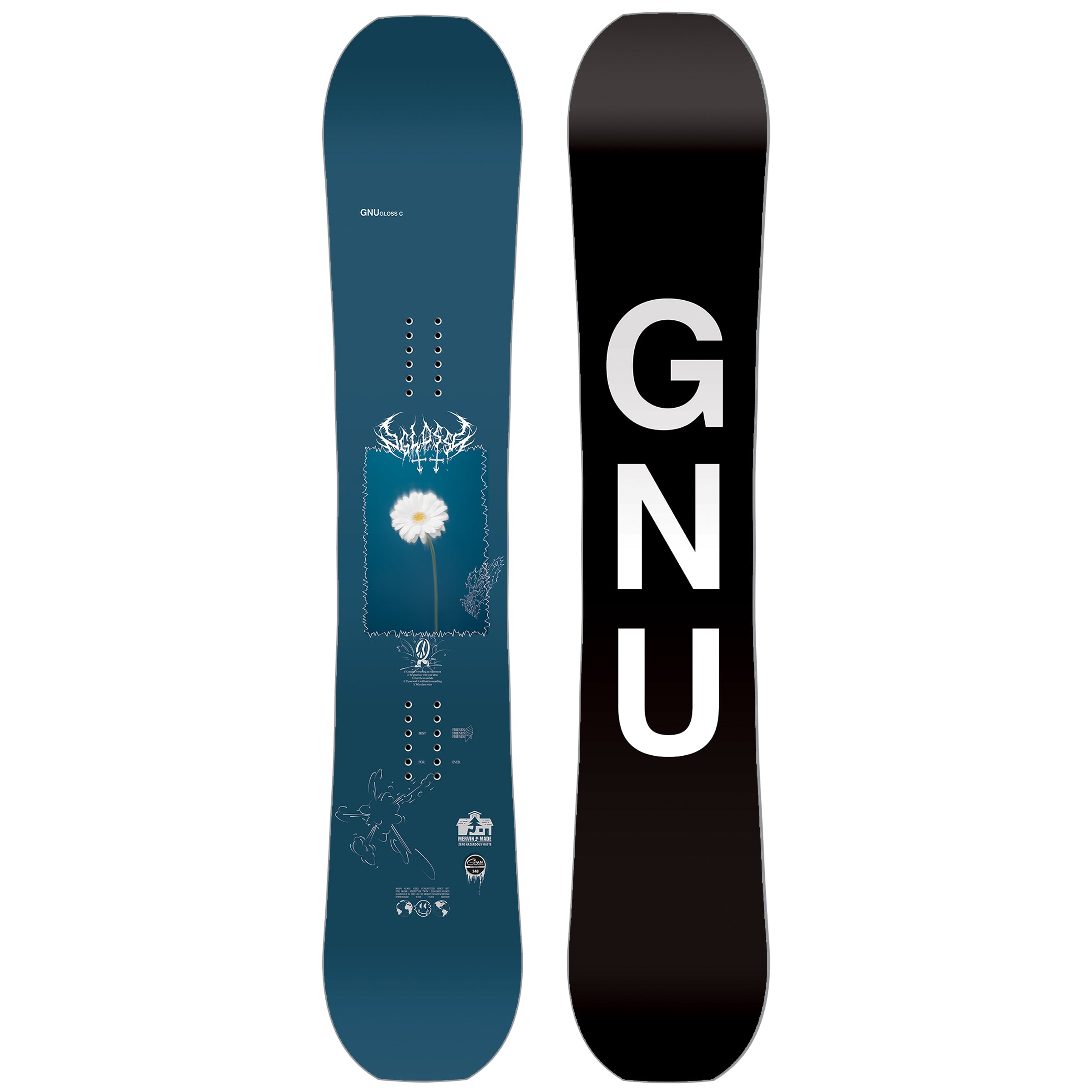 GNU Gloss C Snowboard 2025 - A navy blue snowboard with a white flower graphic in the center.