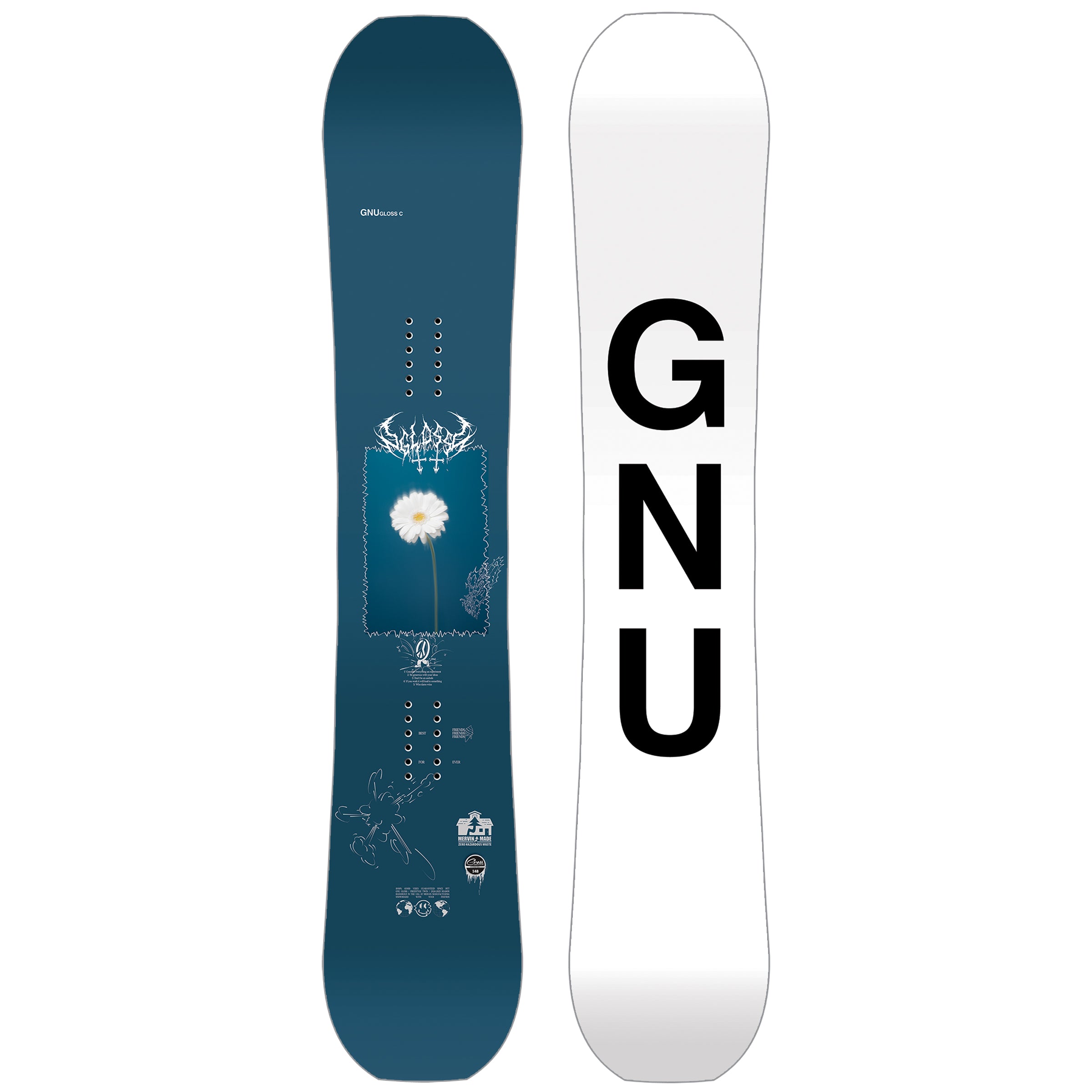 GNU Gloss C Snowboard 2025 - A navy blue snowboard with a white flower graphic in the center and a white border around it.