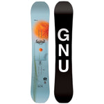 GNU Women's Gloss Snowboard 2025 - A light blue snowboard with an orange flower graphic and black logo at top center.