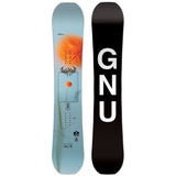 GNU Women's Gloss Snowboard 2025 - A light blue snowboard with an orange flower graphic and black logo at top center.