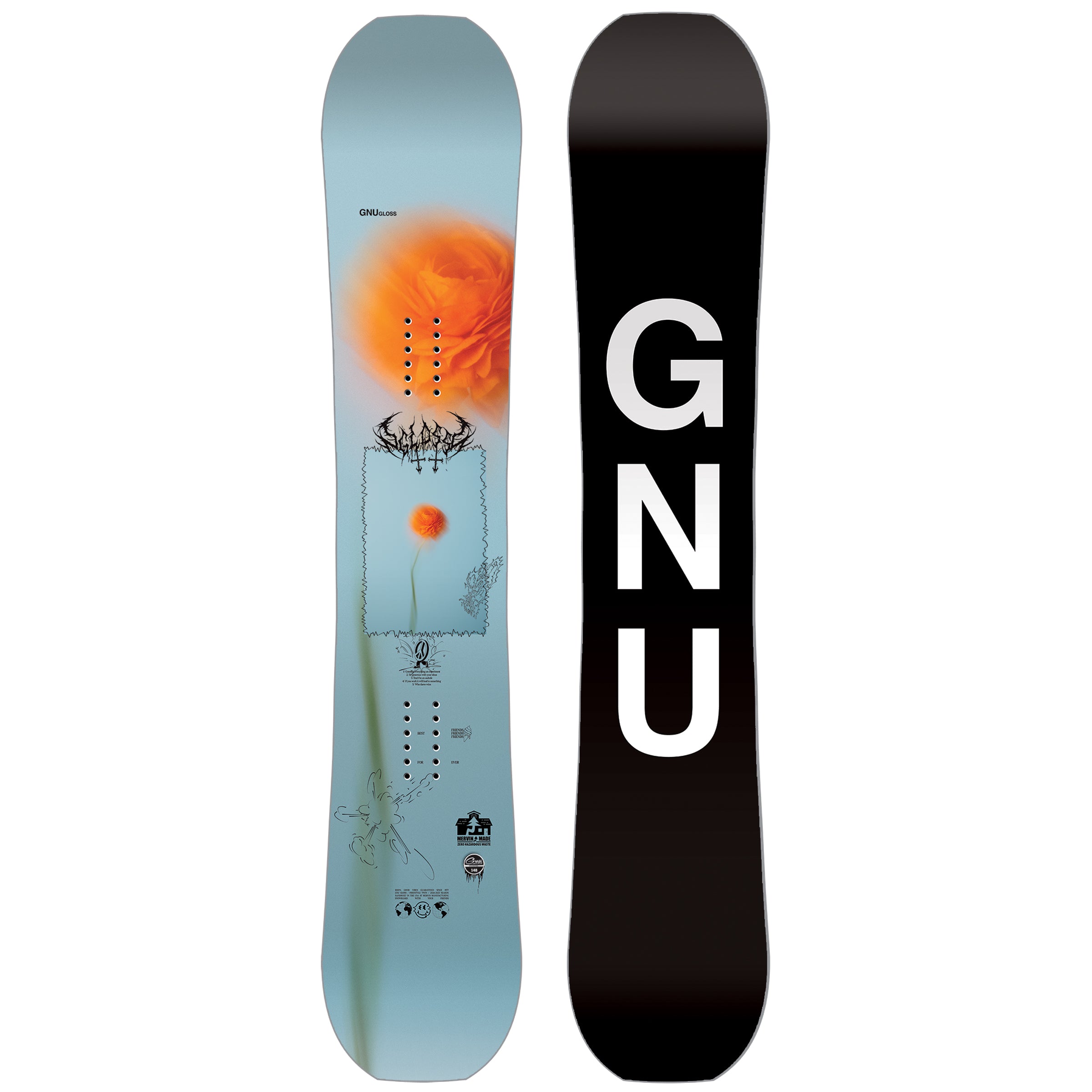 GNU Women's Gloss Snowboard 2025 - A light blue snowboard with an orange flower graphic and black logo at top center.