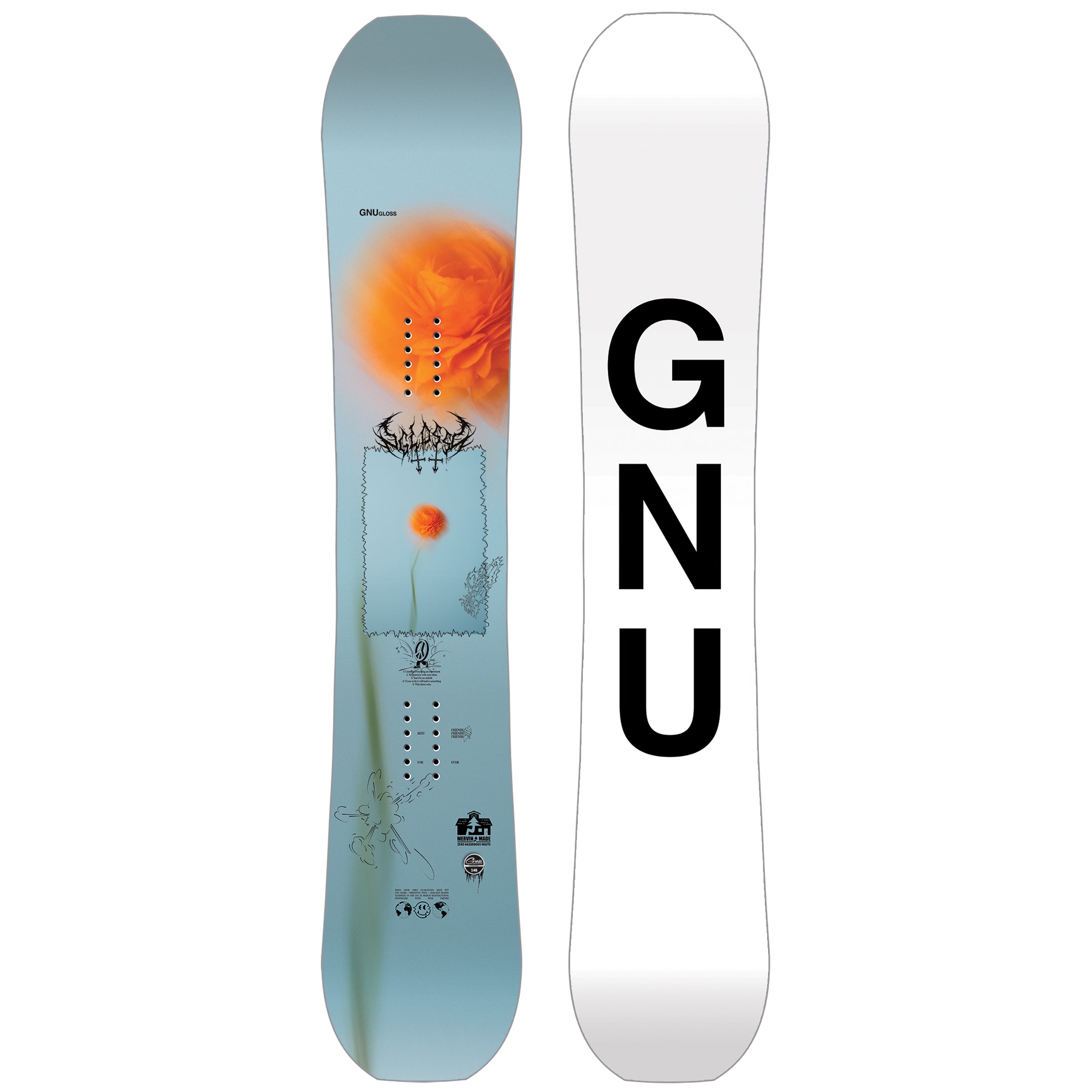 GNU Women's Gloss Snowboard 2025 - A light blue snowboard with an orange flower graphic and black logo at top center.