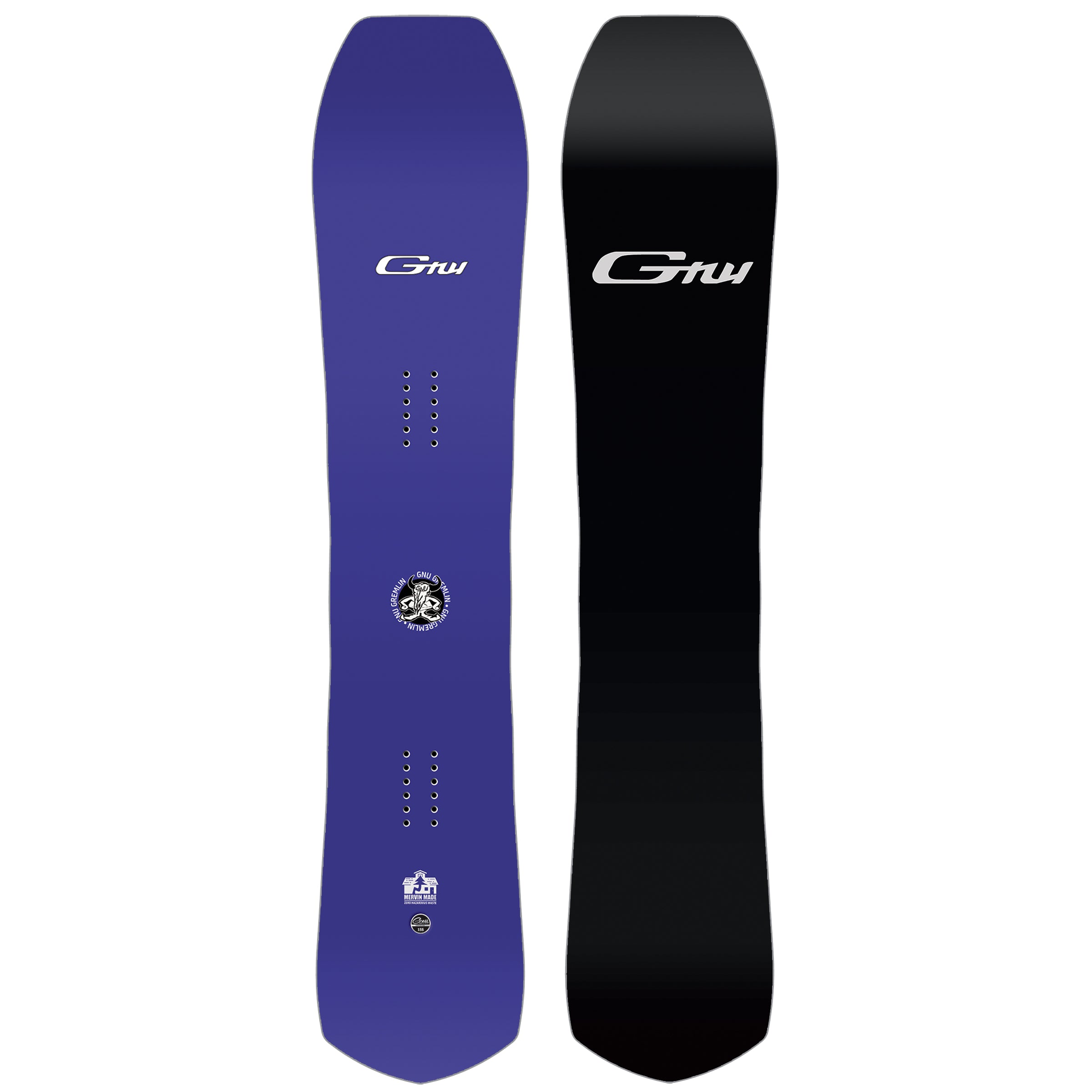GNU Gremlin Snowboard 2025 - A dark gray snowboard with a white logo and black lettering on top of it.