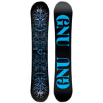 GNU Women's Choice Snowboard - A black snowboard with a blue tree design and various animals, including owls, deer, and bears.