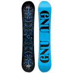 GNU Women's Choice Snowboard - A black snowboard with a blue tree design and white lettering.