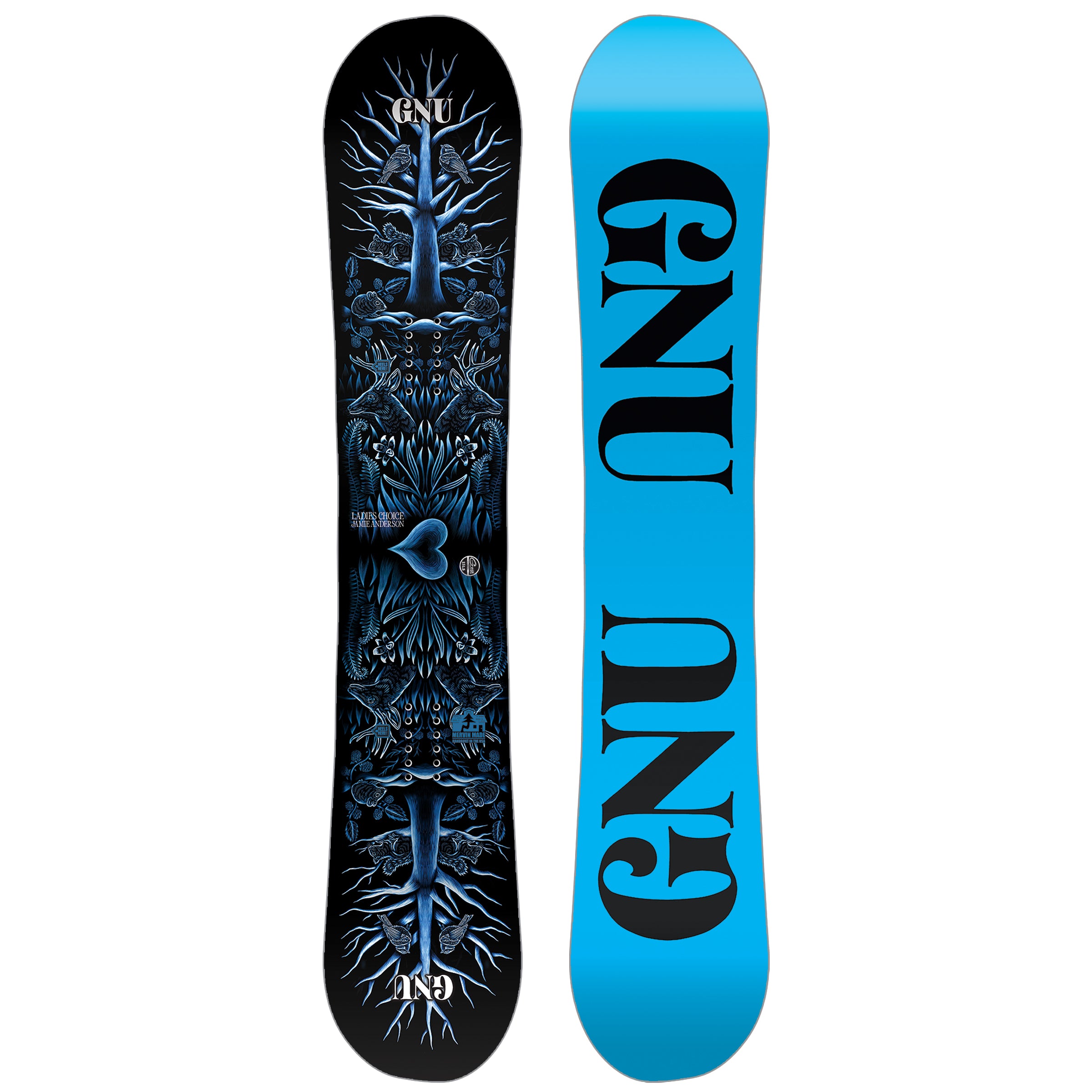 GNU Women's Choice Snowboard - A black snowboard with a blue tree design and white lettering.