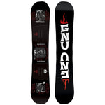 GNU Riders Choice Snowboard 2025 - A black snowboard with white lettering and a red logo on top, featuring a graphic of a grim reaper holding an axe.