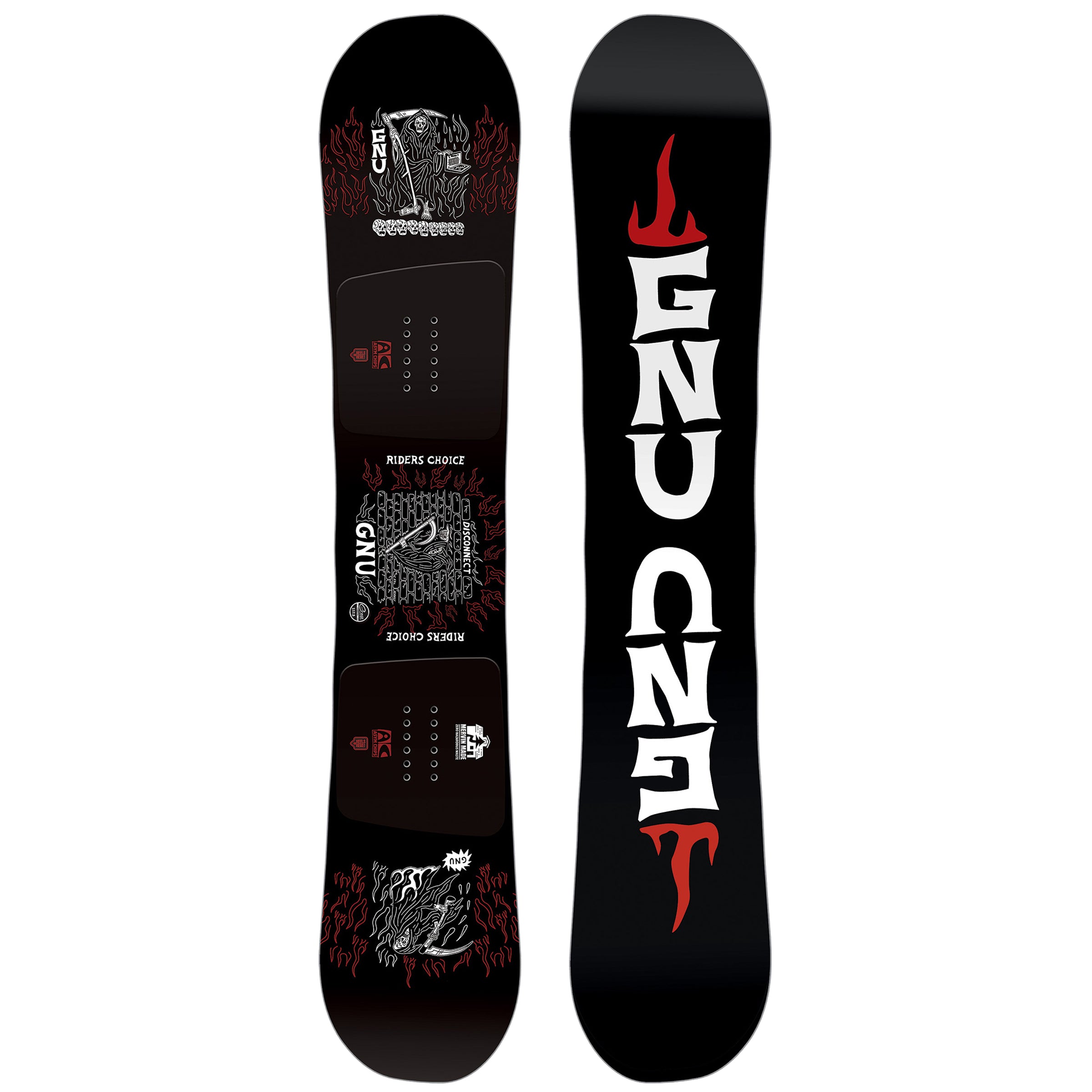 GNU Riders Choice Snowboard 2025 - A black snowboard with white lettering and a red logo on top, featuring a graphic of a grim reaper holding an axe.