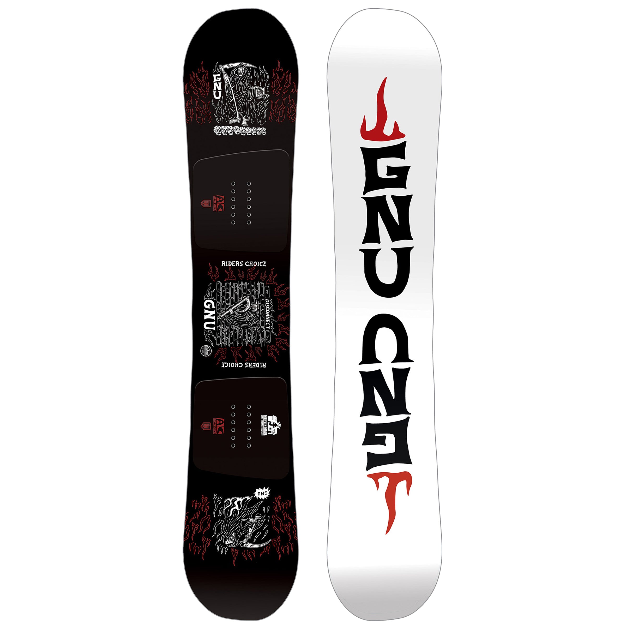 GNU Riders Choice Snowboard 2025 - A black snowboard with white lettering and a red logo on top, featuring a rider in action at the bottom.