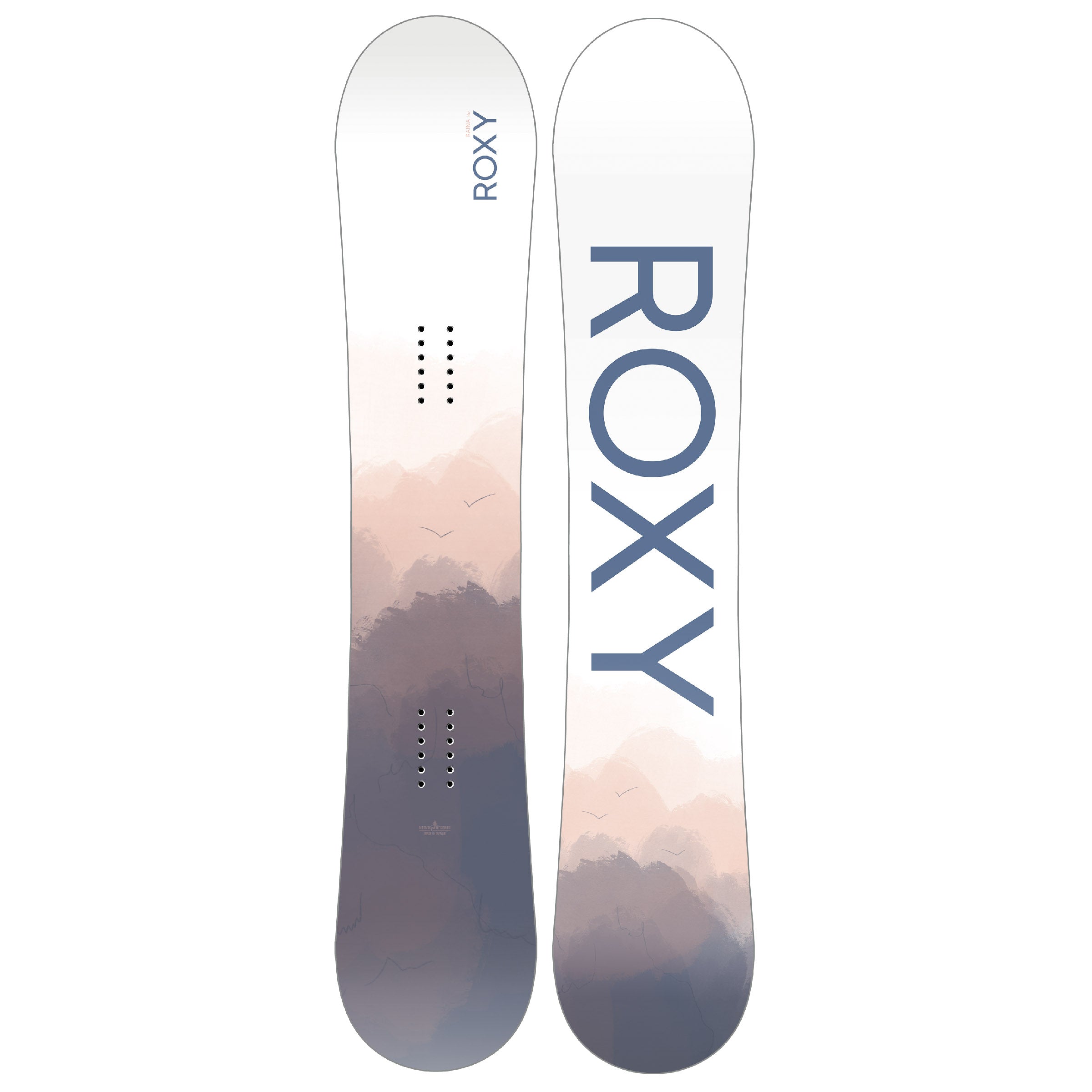 Roxy Women's Raina Snowboard 2025 - A white snowboard with a pink and purple mountain graphic at the bottom.
