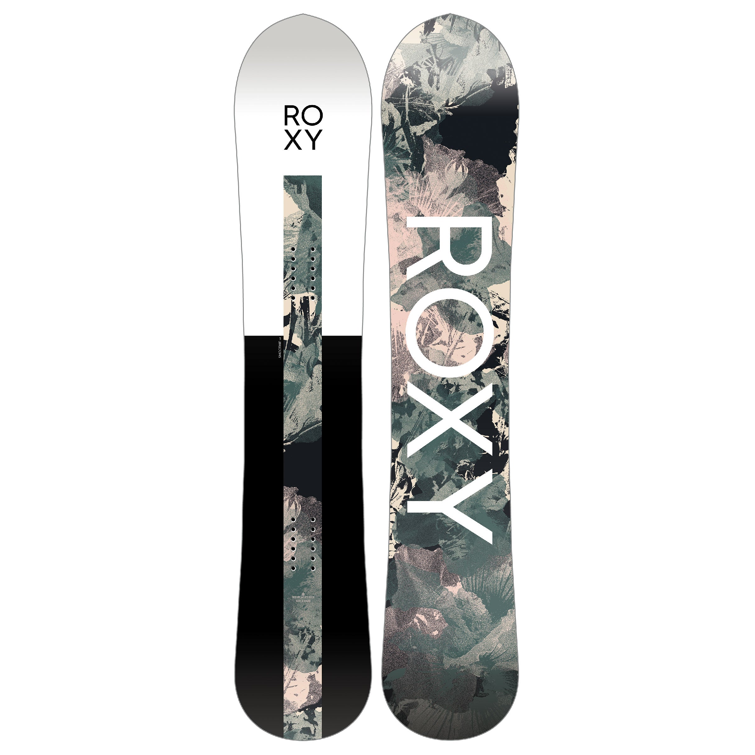 Roxy Women's Smoothie Snowboard 2025 - A white snowboard with a black and gray abstract design on top of it.