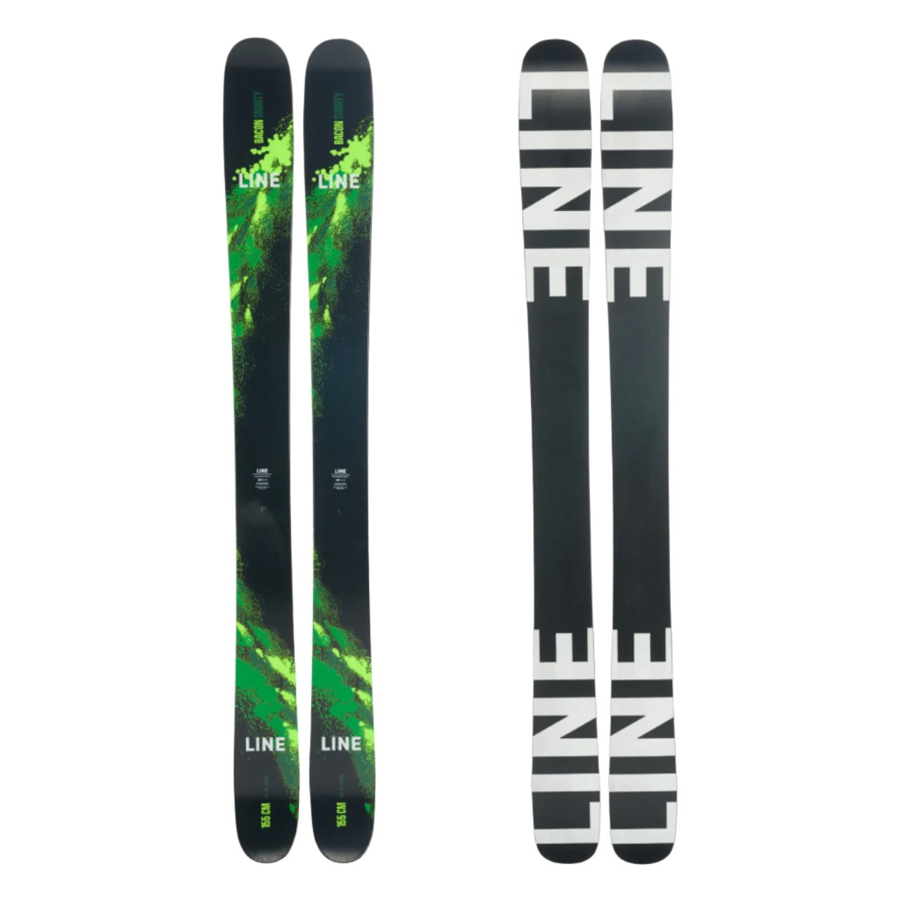 Line Bacon Shorty Flat Youth Ski 2024 - A black ski with green and yellow abstract design on top, featuring a flat tail.