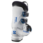 Salomon Junior S Max 60T Ski Boots 2024 - White ski boots with blue lettering and a black strap on top.