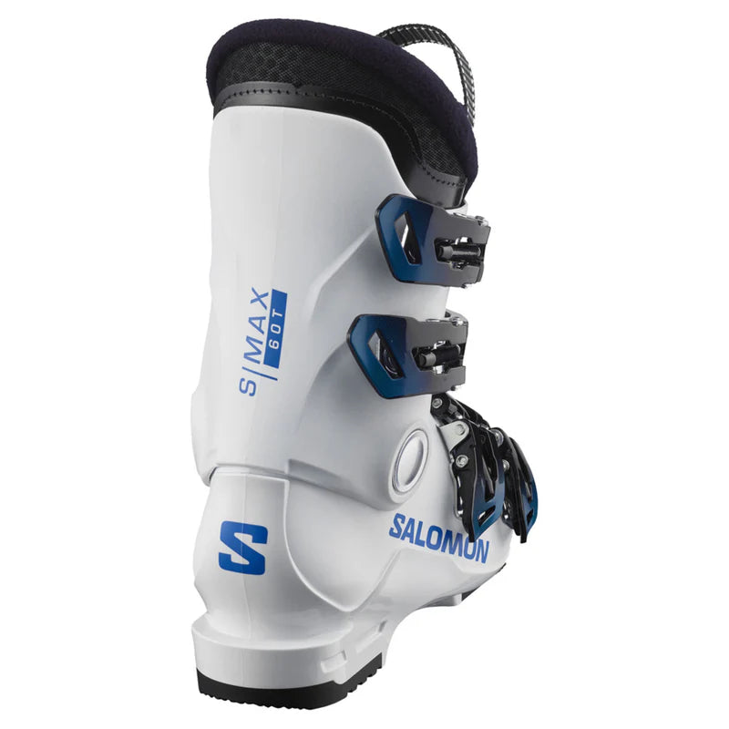 Salomon Junior S Max 60T Ski Boots 2024 - White ski boots with blue lettering and a black strap on top.