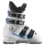 Salomon Junior S Max 60T Ski Boots 2024 - A white ski boot with blue lettering and silver buckles.