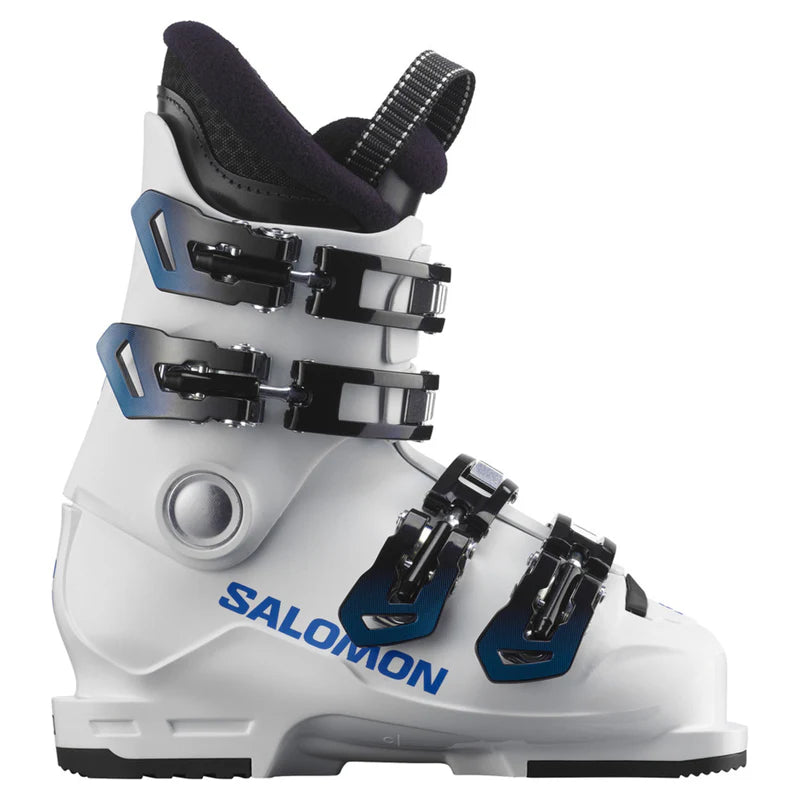 Salomon Junior S Max 60T Ski Boots 2024 - A white ski boot with blue lettering and silver buckles.