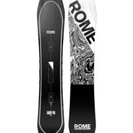 Rome Ravine Pro Snowboard 2025 - A black snowboard with a white triangle logo and small white text below it, set against a light gray background.