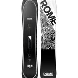 Rome Ravine Pro Snowboard 2025 - A black snowboard with a white triangle logo and small white text below it, set against a light gray background.