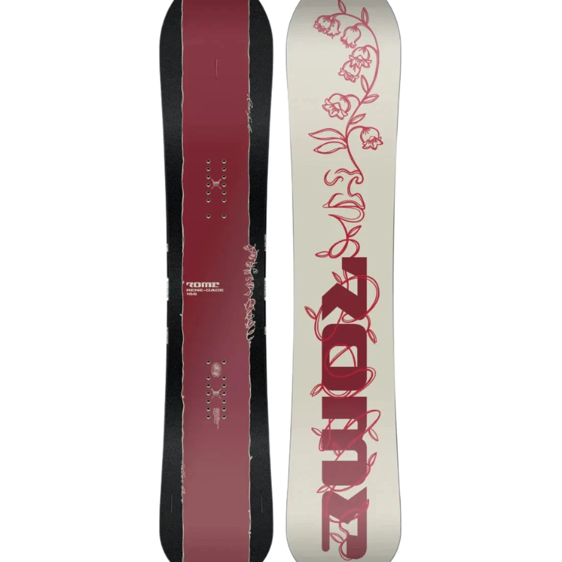 Rome Rene-Gade Snowboard 2025 - A snowboard with a maroon-colored top sheet featuring a white logo and graphics.