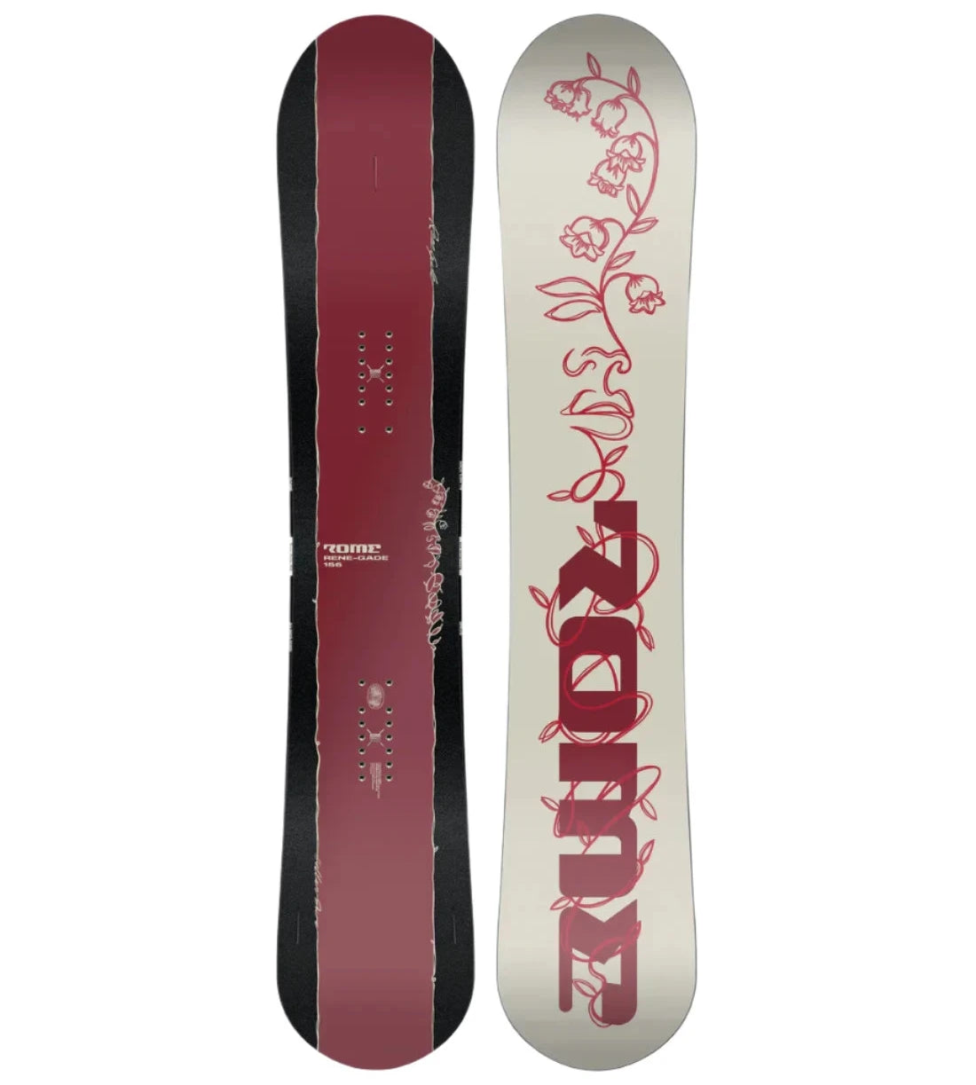 Rome Rene-Gade Snowboard 2025 - A snowboard with a maroon-colored top sheet featuring a white logo and graphics.