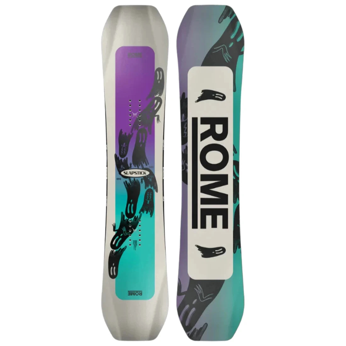 Rome Junior's Slapstick Snowboard 2025 - A purple and teal snowboard with a black graphic of a person doing a trick on it.