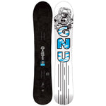 GNU Antigravity Snowboard - A black snowboard with a white logo featuring a person in mid-air, and a blue stripe on the bottom edge.