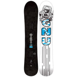 GNU Antigravity Snowboard - A black snowboard with a white logo featuring a person in mid-air, and a blue stripe on the bottom edge.