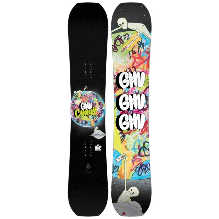 GNU C Money - A snowboard with a colorful graffiti-style design featuring a money bag and dollar signs on a black background.
