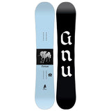 GNU Women's Fiction Snowboard 2026 - A light blue snowboard with a unicorn graphic in the center, featuring a horn and flowing mane.