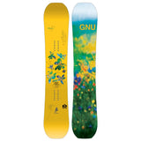 GNU Women's Gloss C Snowboard 2026 - A glossy yellow snowboard with blue floral designs and black dots on a solid background.