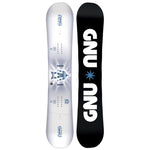 GNU Rider's Choice Snowboard 2026 - A white snowboard with a blue and black striped design on top of it.