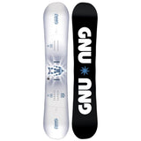 GNU Rider's Choice Snowboard 2026 - A white snowboard with a blue and black striped design on top of it.