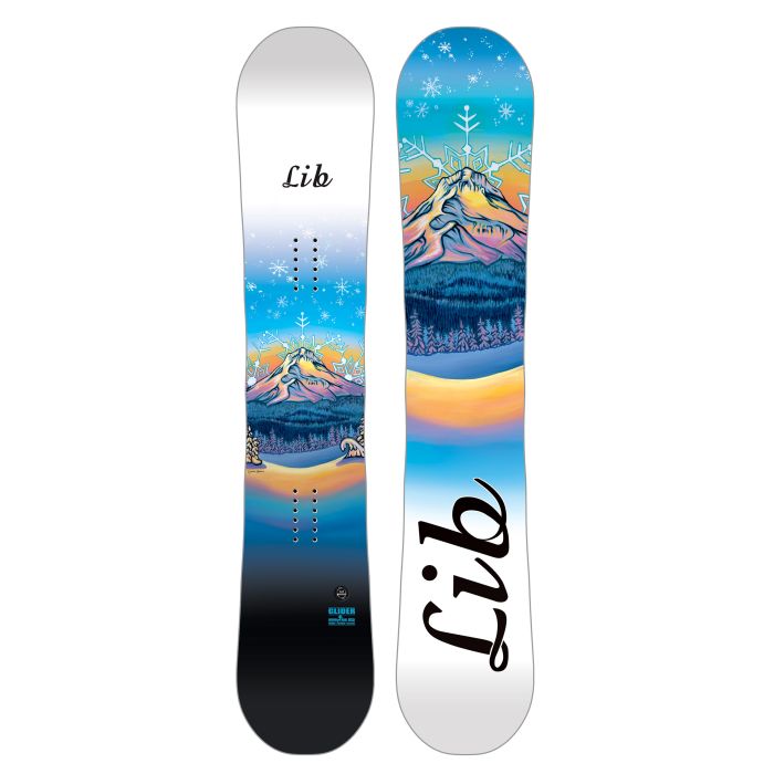Lib Tech Women's Glider Snowboard - A blue snowboard with a white mountain graphic and black lettering.