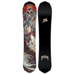 Lib Tech Mayhem Rocket Snowboard 2026 - A black snowboard with a white and red graphic of a skull wearing goggles, riding down a mountain.
