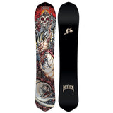 Lib Tech Mayhem Rocket Snowboard 2026 - A black snowboard with a white and red graphic of a skull wearing goggles, riding down a mountain.