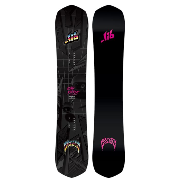 Lib Tech Mayhem Rad Ripper Snowboard 2026 - Black snowboard with a geometric pattern and pink lettering.