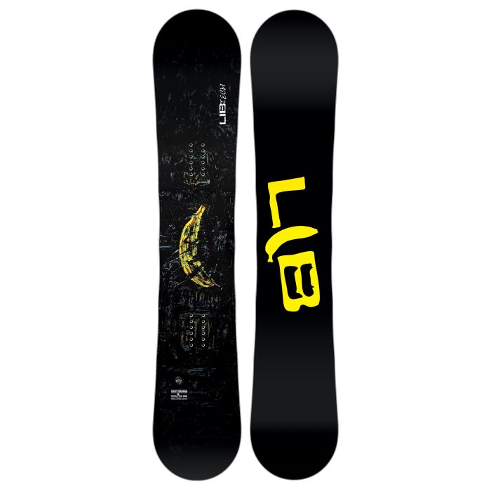 Lib Tech Skate Banana Snowboard 2026 - A black snowboard with a yellow banana graphic on top of a dark gray background.