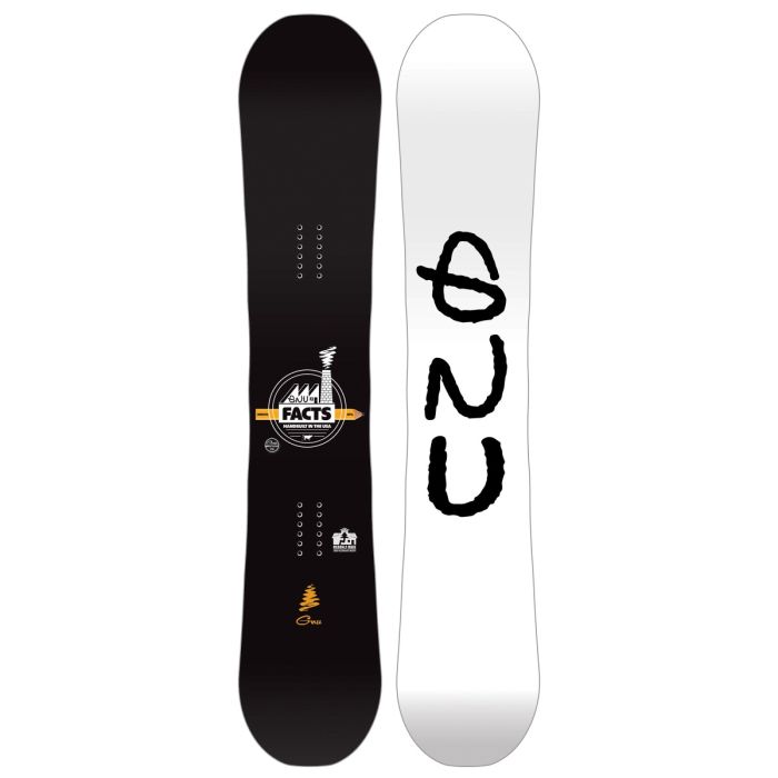 GNU Facts Snowboard 2026 - White snowboard with black logo featuring a stylized "FACTS" and a small white mountain graphic.