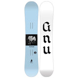 GNU Women's Fiction Snowboard 2026 - A light blue snowboard with a black rectangle in the center featuring an illustration of a unicorn riding a skateboard.